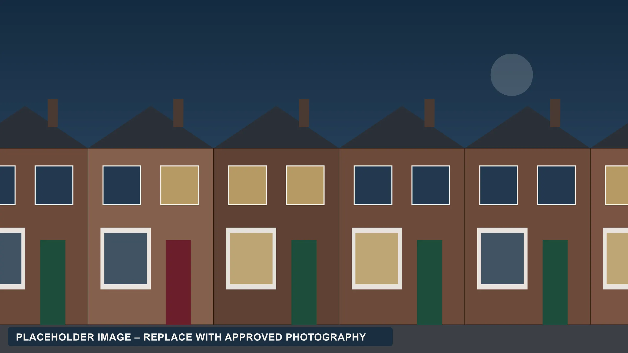 Placeholder illustration of a UK residential street of terraced townhouses at dusk